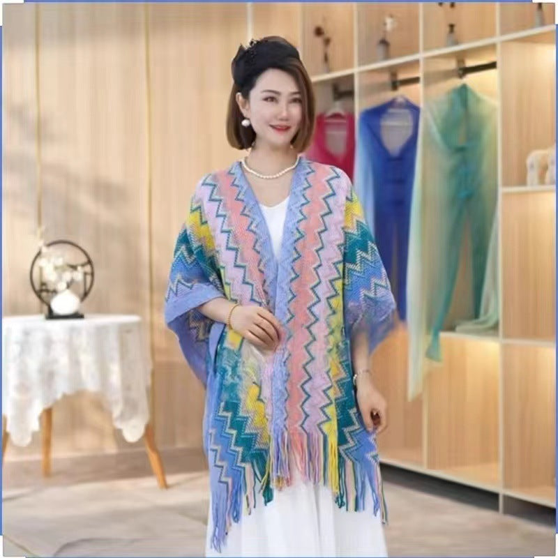 New Wave Pattern Geometric Long Beard Thickened Knitting Slit Travel Scenic Spot Warm Ethnic Style Shawl
