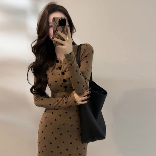Button-up Knitted Dress Long Sleeves Bow Detail Slim-fit And Figure-flattering