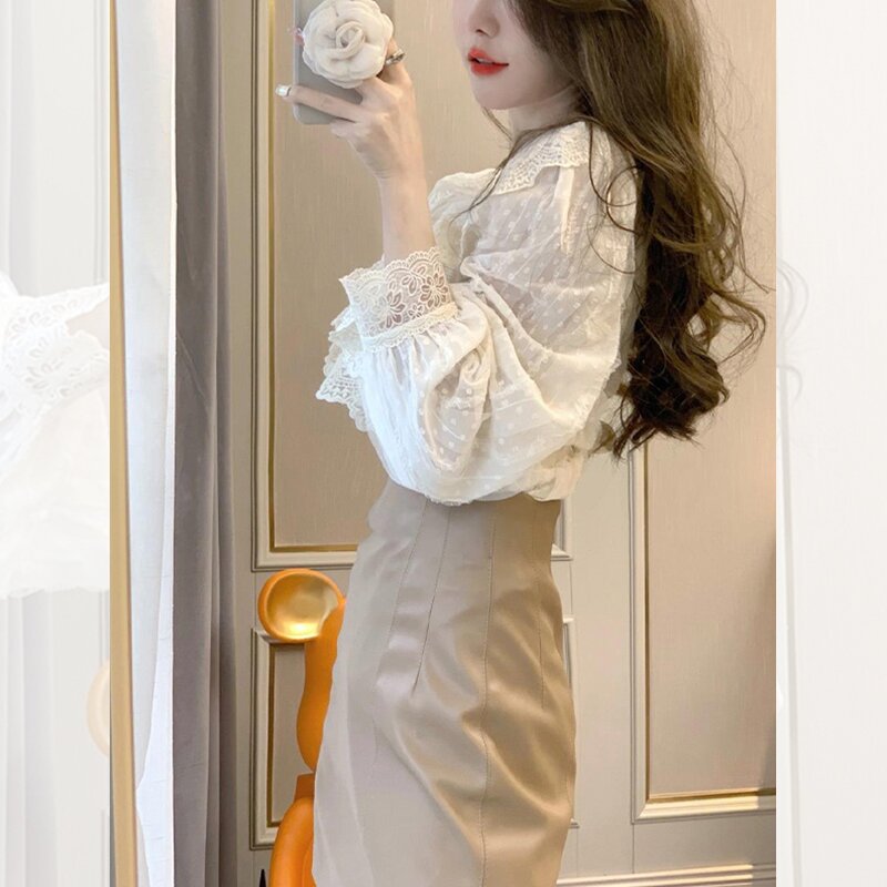 Korean-style Womens Lace Ruffled Puff Sleeves
