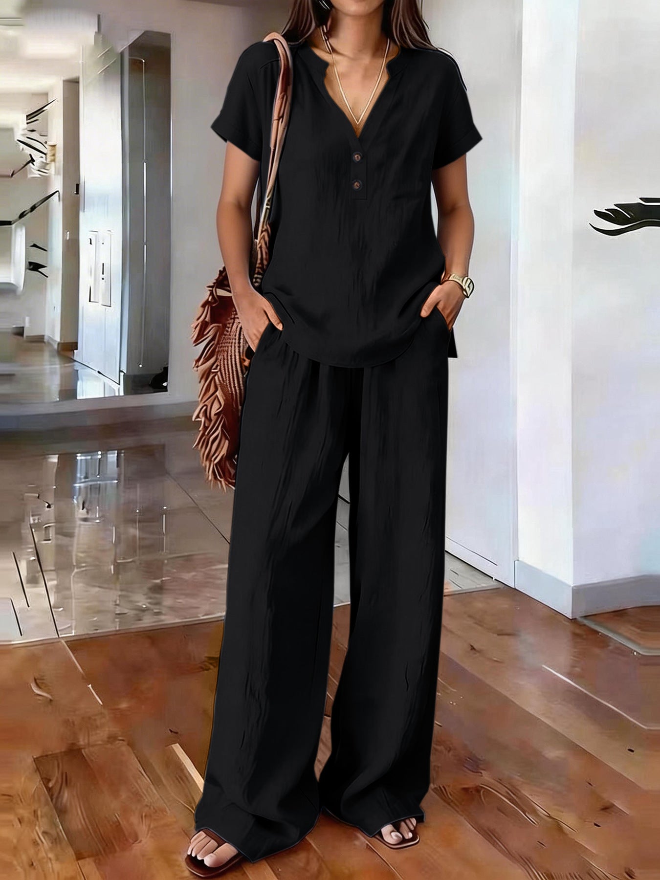 Women's Casual Solid-Colored Cotton And Linen Set