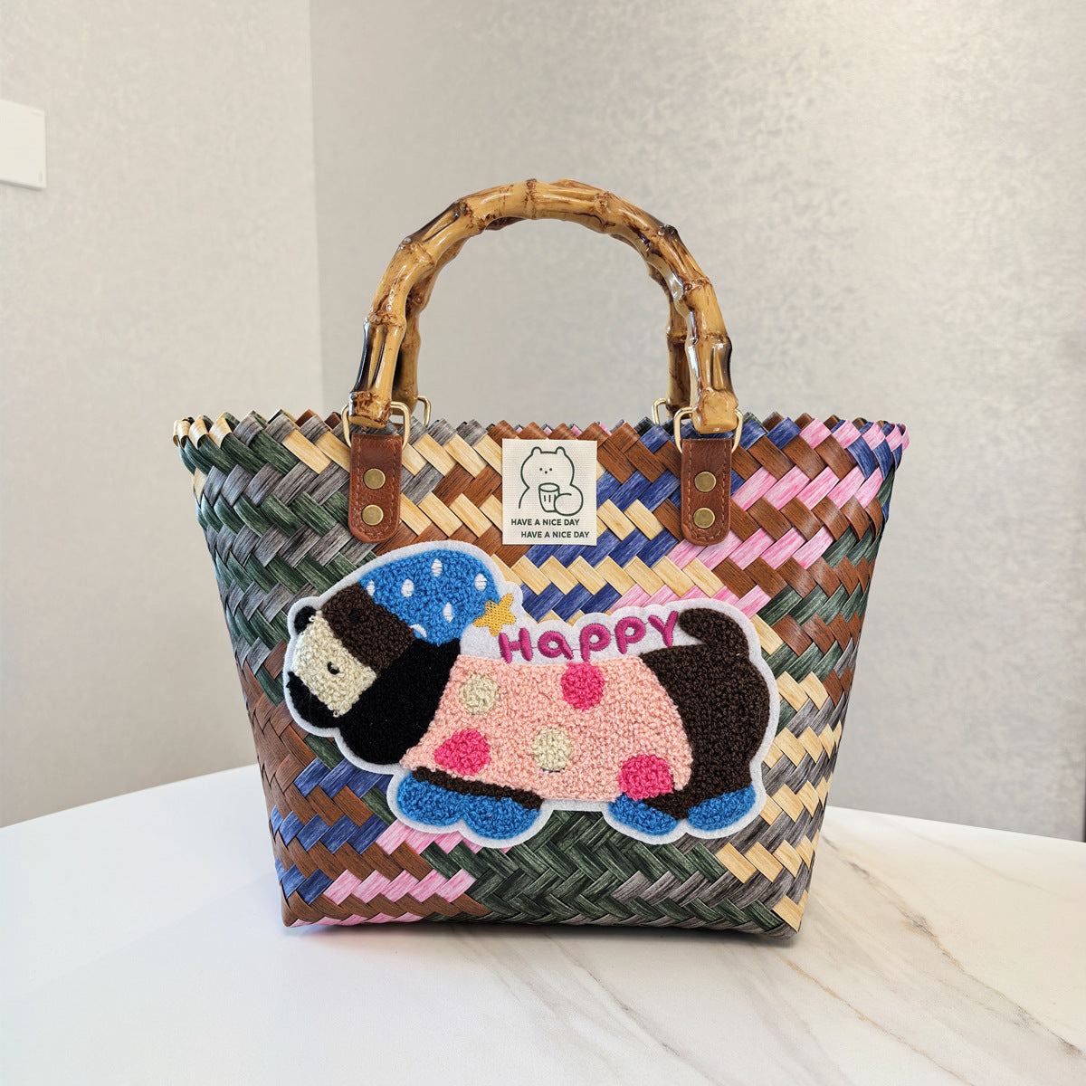 Vintage Stripe Sausage Dog Woven Bag