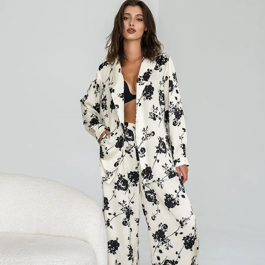 Womens Casual Stylish Autumn Printed Loose-Fit Long-Sleeve Pants Set For Home Wear