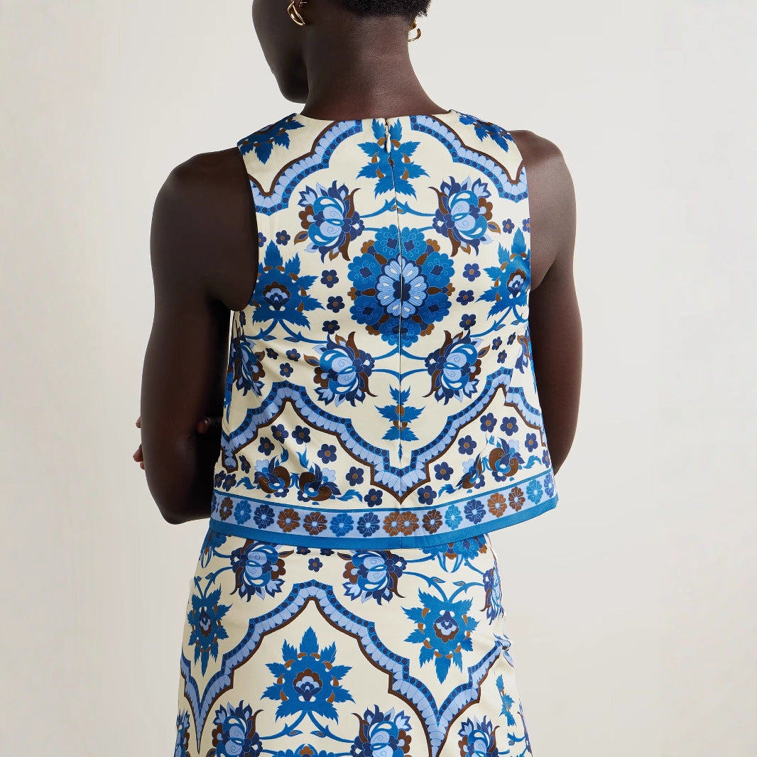 Slim-fit Blue Printed Round-neck Top And Skirt Two-piece Set