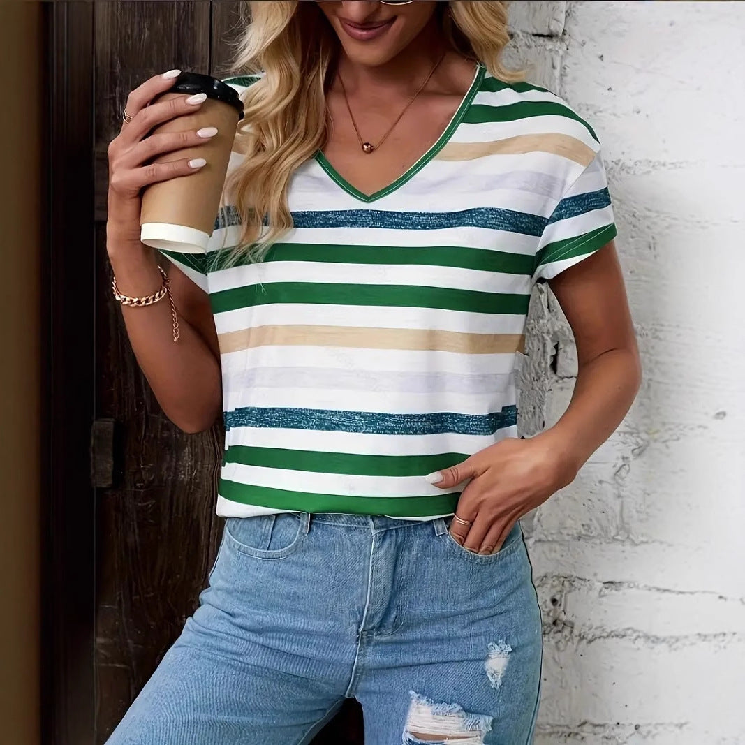 Stribet kortærmet fashion T-shirt med rund hals
