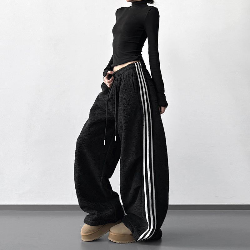 Black Fleece-Trimmed Casual Straight-Leg Track Pants With Three Stripes