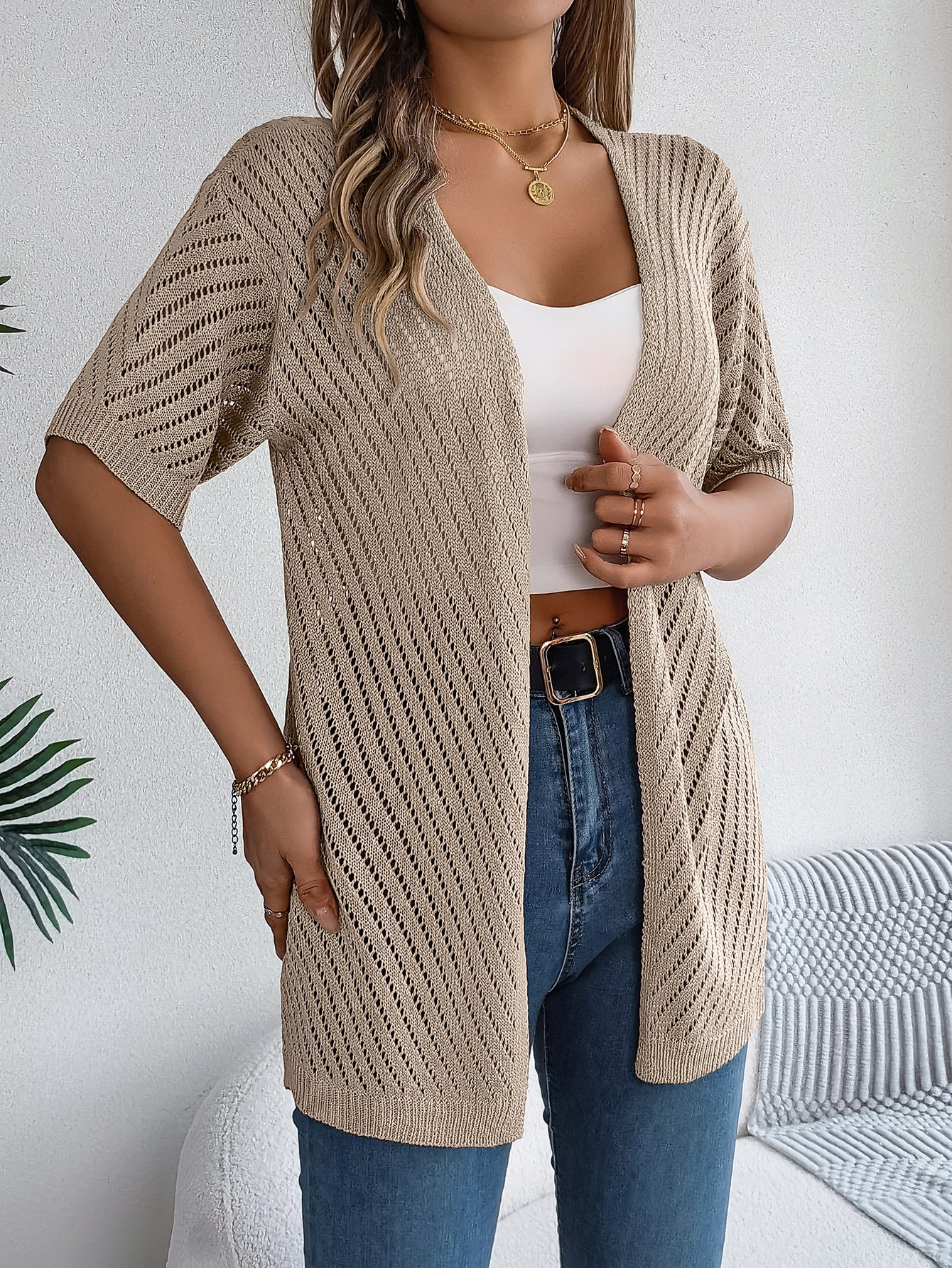 Women S Vertical Stripe Hollow Out Short Sleeve Knit Cardigan Cover-Up