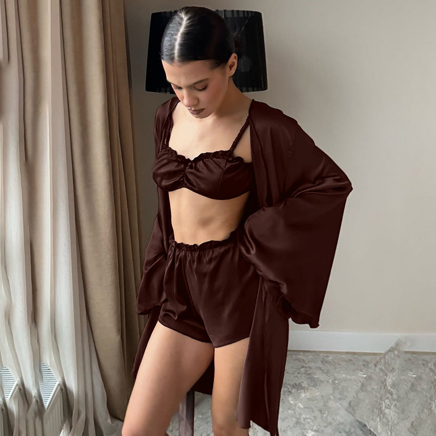 Brown Long-sleeve Underwear And Shorts Three-piece Pajama Set