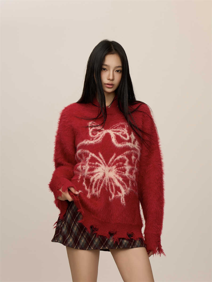 Sommerfugle-jacquard uldsweater med minklignende finish til jul og nytår