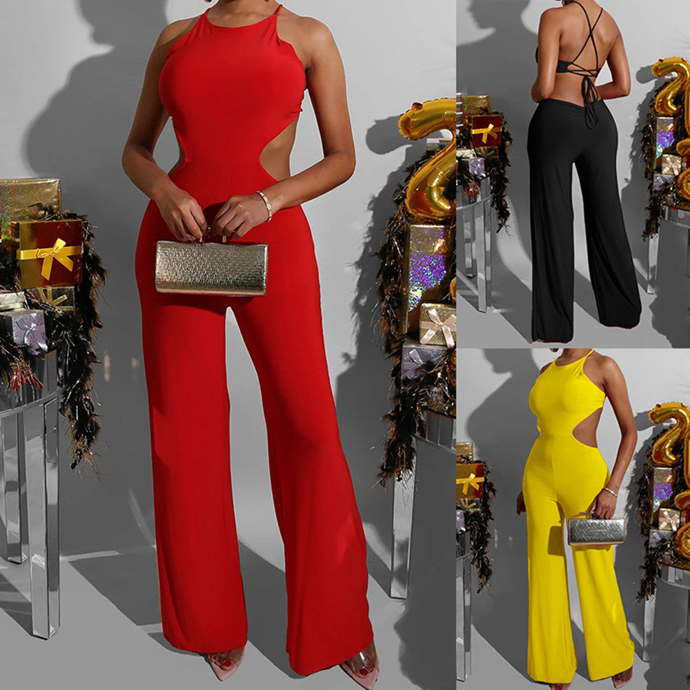 Women's Solid Color Sleeveless Back Mid Length Jumpsuit