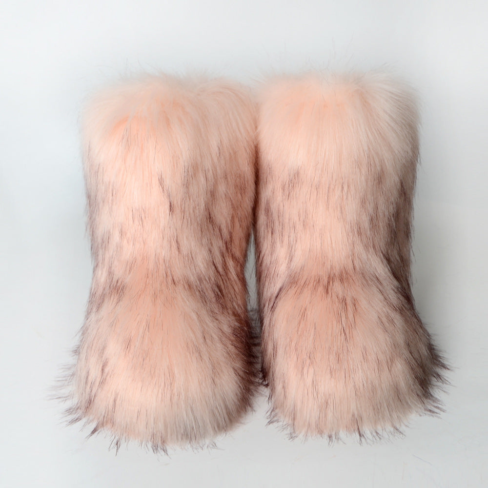 Winter Fur Integrated Imitation Raccoon Fur Women's Snow Boots Fluffy Shoes Outdoor Middle Boots