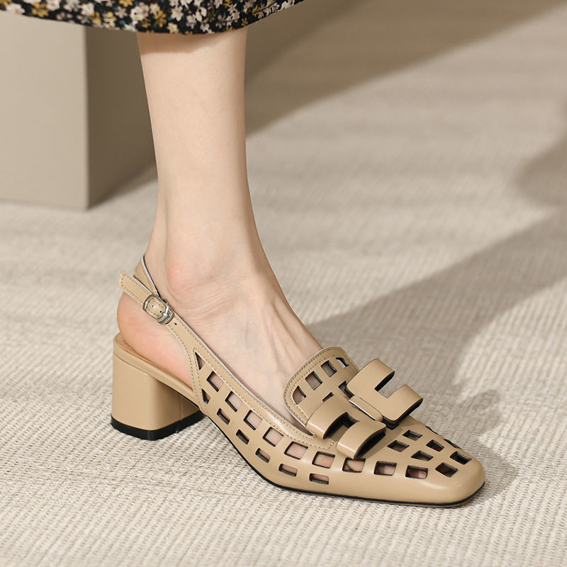 Plus Size Women's Hollow Roman Toe Block Chunky Heel Shoes