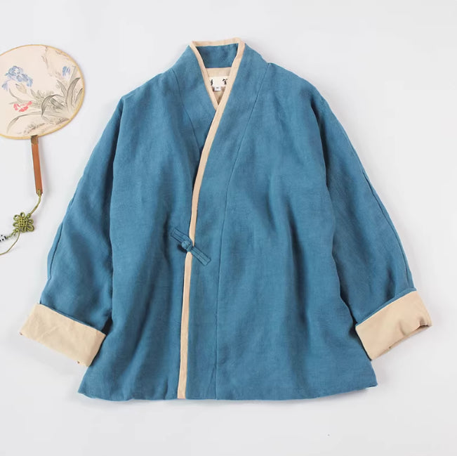 Lapel-button Tang-style Cotton-linen Modified Hanfu Tea-wearing Outfit Womens Zen Meditation Attire
