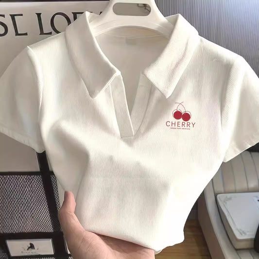 Women's Fashion Casual White Cherry Printing Lapel Short Sleeve