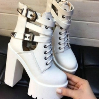Lace-up Back Zipper Chunky Heel High Heel Short Boots Female Boots