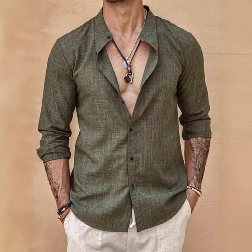 Stand Collar Long Sleeve Men's Cardigan Shirt Men's Top