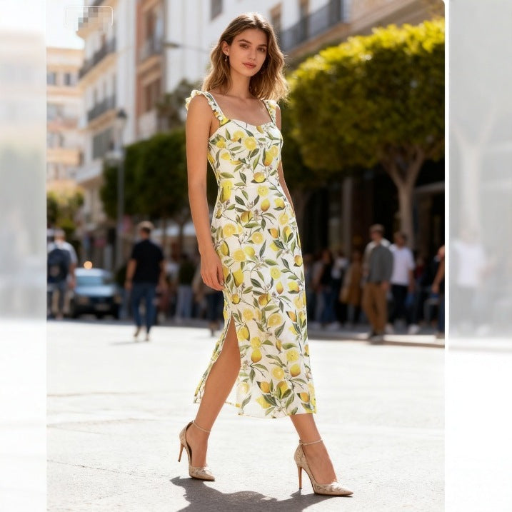 French Style Floral Strap Mid Length Split Womens Dress