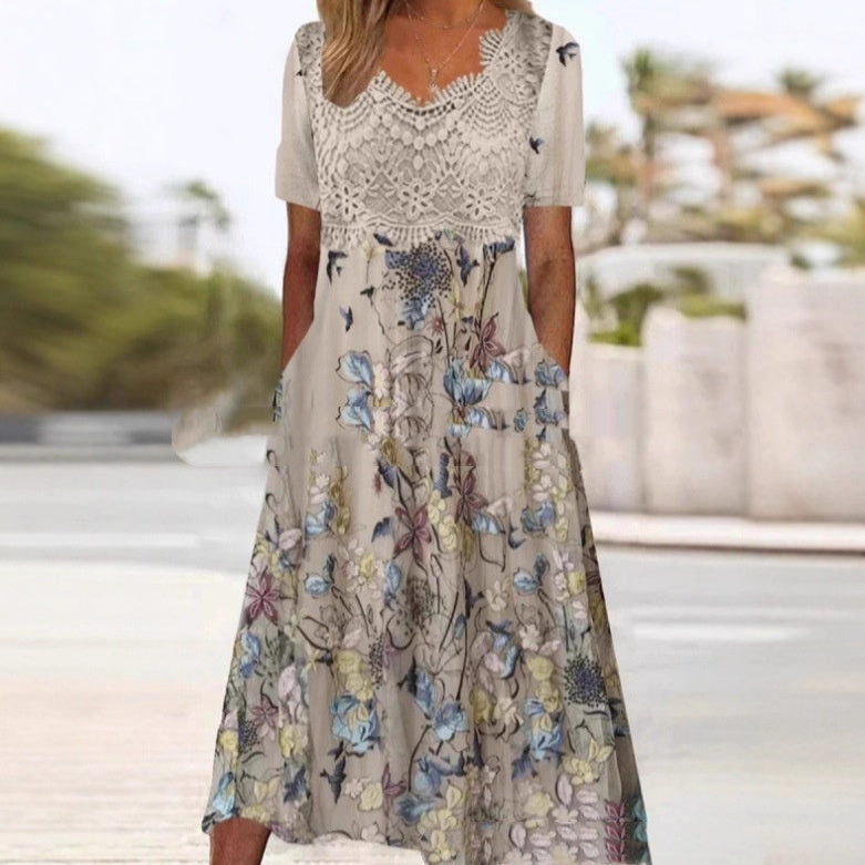 Floral Print Lace-trimmed Crew-neck Dress