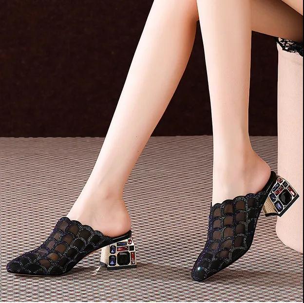 Rhinestone Half Slippers Women's Thick Heel Fashion Outer Wear Mid-heel Mesh Soft Sole