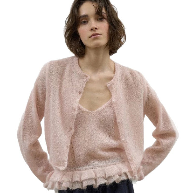 Lace-trimmed Solid-color Skin-friendly Knitted Cardigan And Camisole Two-piece Set For Women