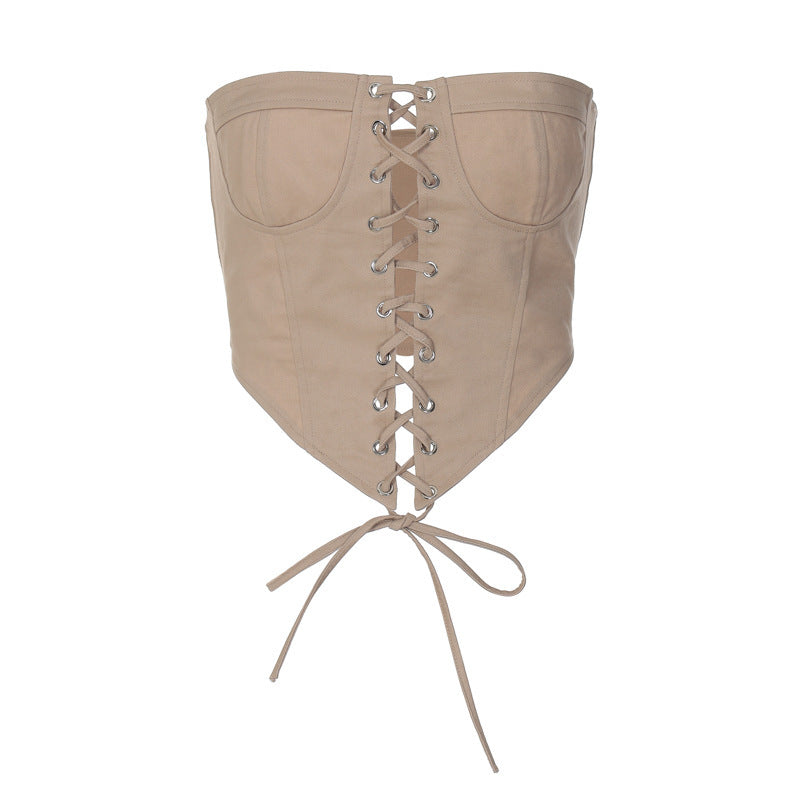 Women's One-line Shoulder Slim-fit Chest Strap Rope Lace-up Top