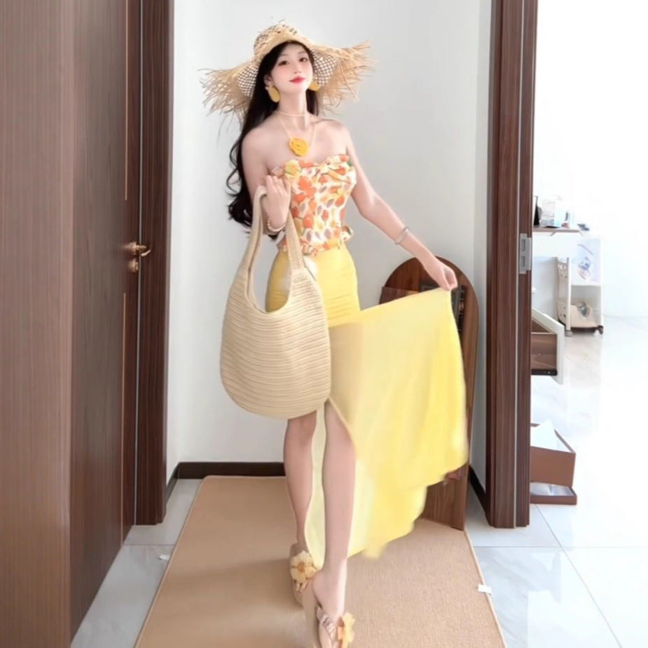 Elegant Printed Tube Top Mesh Sheath Skirt For Women