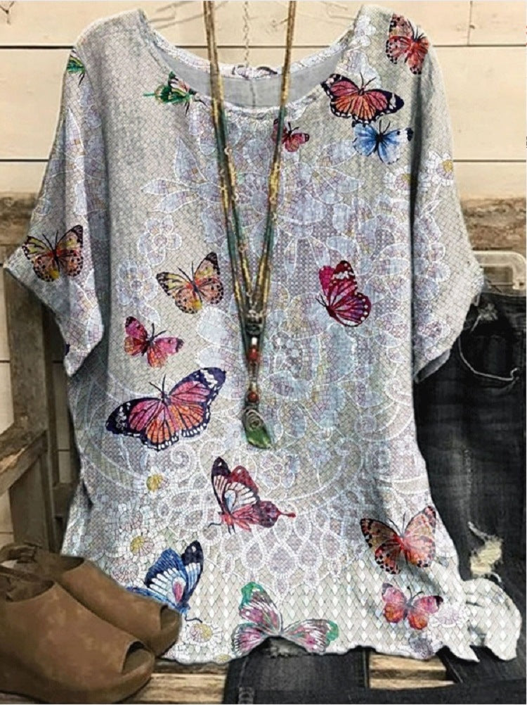 New Casual Loose Printed Crew Neck Top
