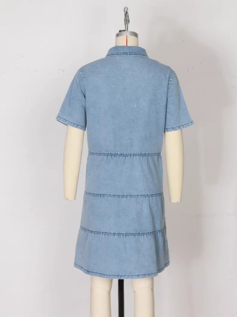 Womens Washed Mid-Waist Lapel Short-Sleeve Dress