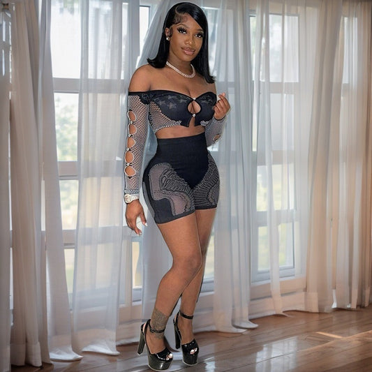 High-end Long-sleeved Top High-waisted Hollow-out Fashionable Women's Shorts Set For Outerwear