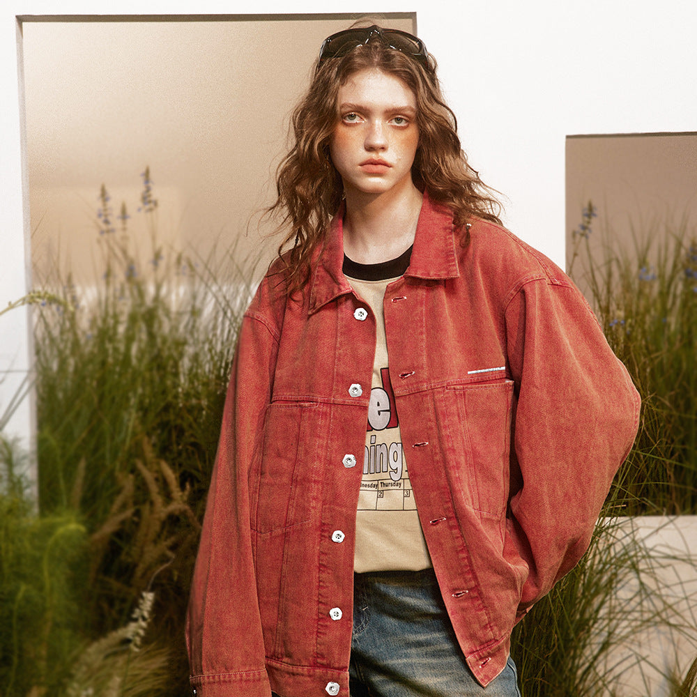 Abstract Embroidered Washed Denim Jacket