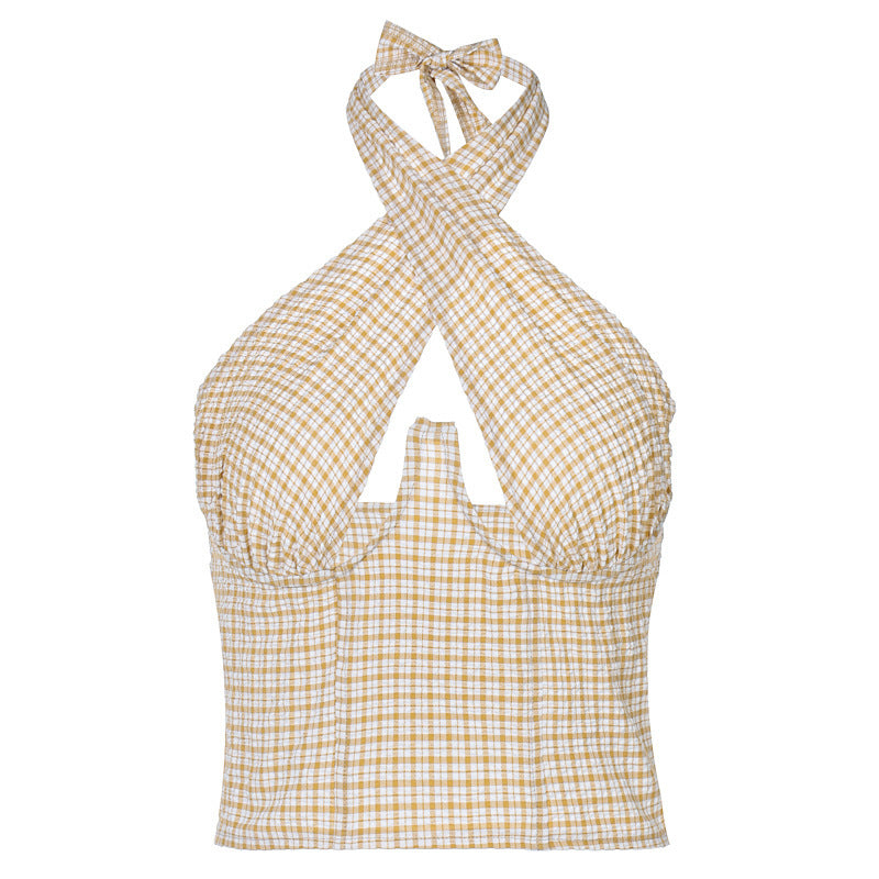 Women's New Cross Straps Wrap Chest Zipper Plaid Vest
