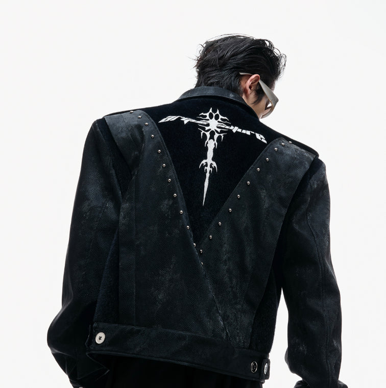 Heavy Rivet Embroidered Design Leather Short Jacket