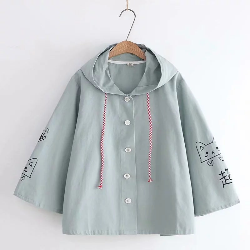 Printed Colorful Drawstring Hooded Coat For Women