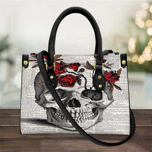 Women's Pu Handbag Skull Black And White Fashion Vintage Crossbody Hand-carrying Bag
