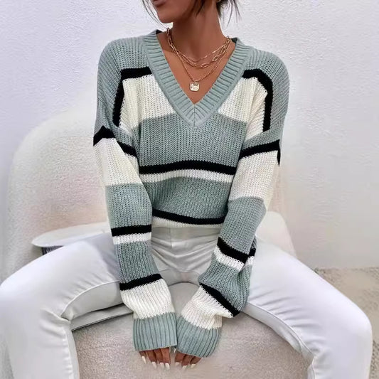 Pullover Color Contrast Patchwork Loose Sweater