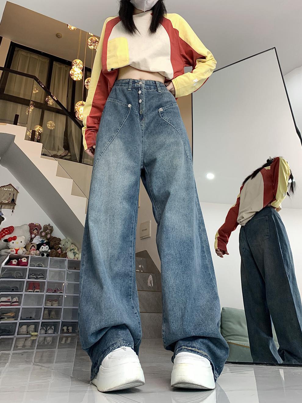 Retro Washed Worn Jeans Slimming And Straight Bootleg Pants