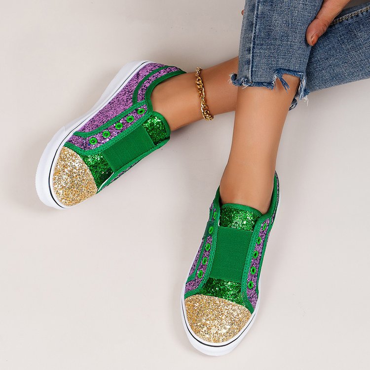 Cross-border Large Size Casual Flat Heel Low-top Color Matching Round Head Sequins Canvas Shoes
