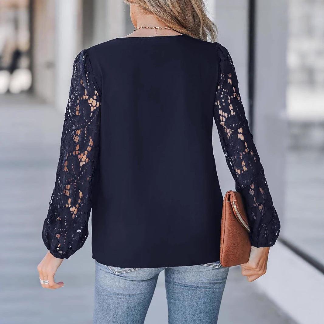 New Womens V-Neck Wave-Pattern Floral Lace Long-Sleeve Shirt