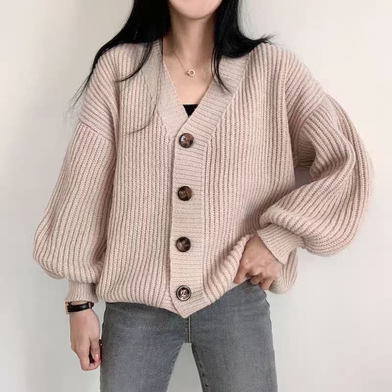 Korean Style V-neck Solid Color Dinified Sweater Coat