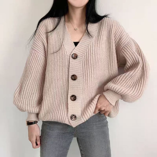 Korean Style V-neck Solid Color Dinified Sweater Coat