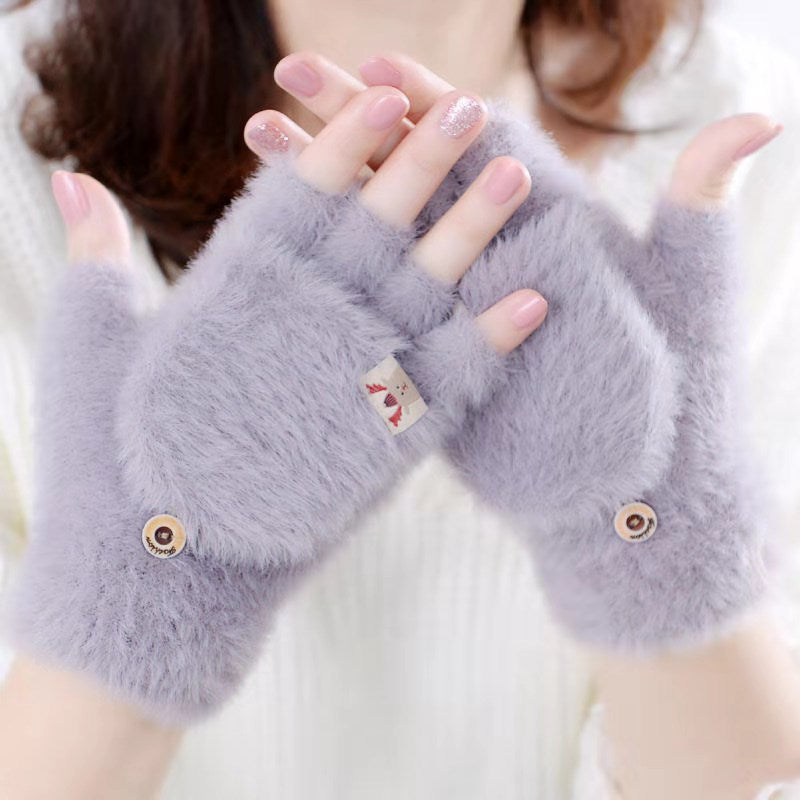 Knitted Plush Flap Half Finger Gloves