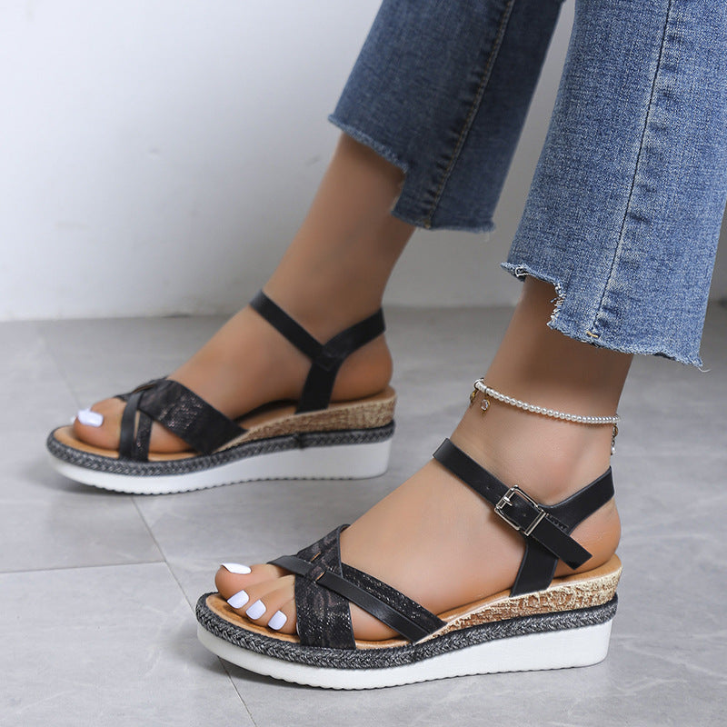 Women's Plus Size Buckle Wedge Platform High Heel Sandals