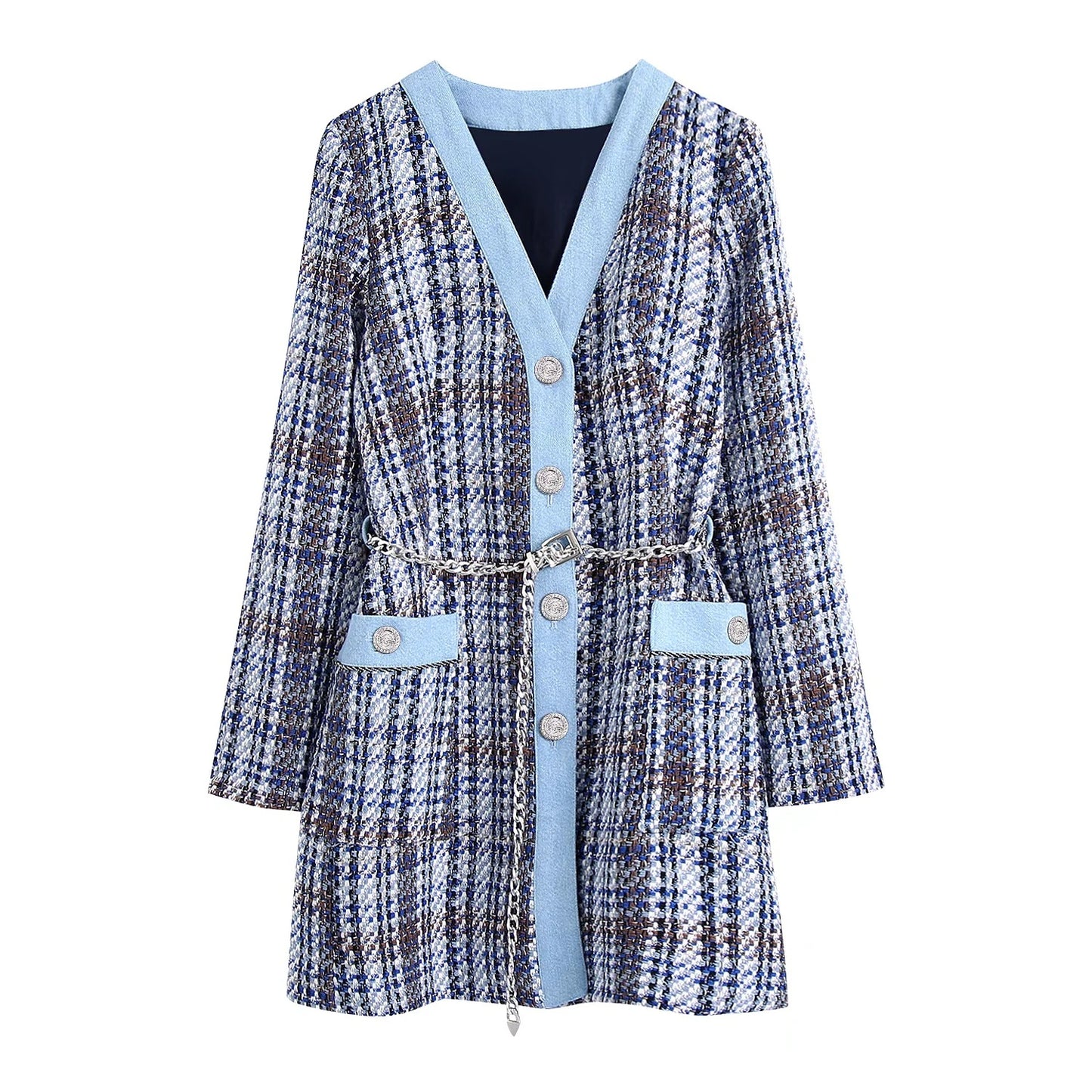 V-neck Duffle Check And Receive Waist Mid-length Coat