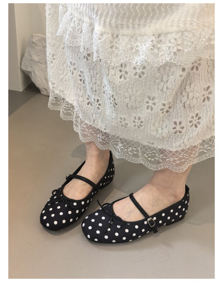 Women's Polka Dot Mary Jane Shoes 2026 Spring New Arrival, Hidden Heel, Bow & Single Strap Design, Pumps To Match Dresses, Small Leather Shoes