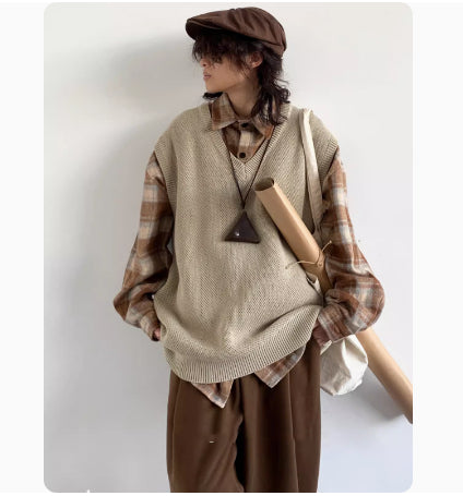 Winter Solid Color Retro V-neck Knitted Vest Sleeveless Sweater