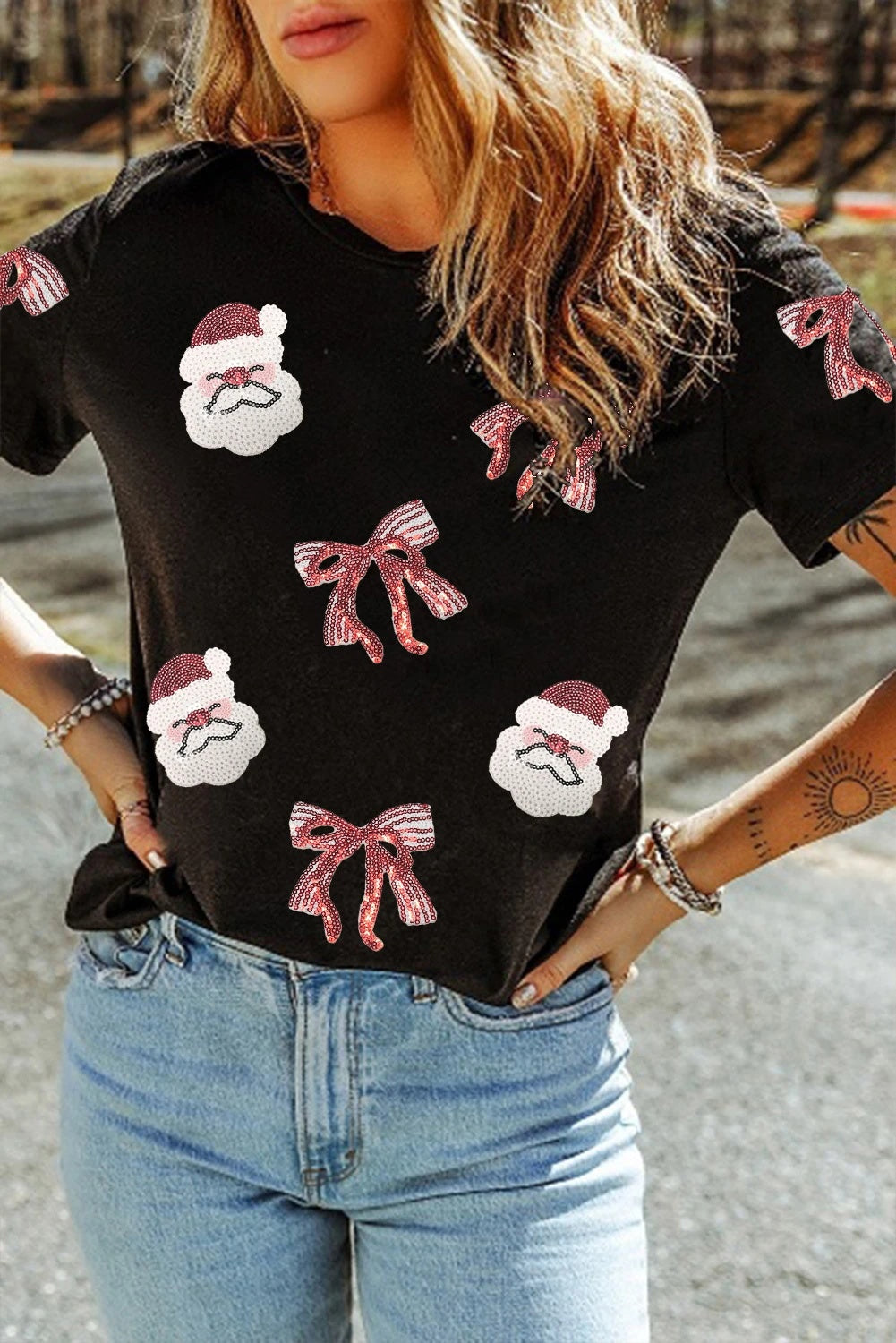 Black Colored Santa Claus Bow T-shirt
