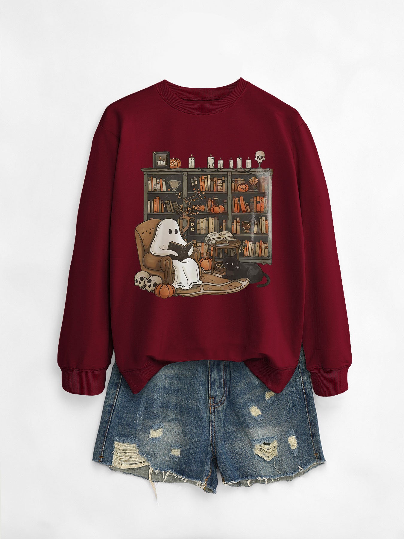 Printed Bookshelf Ghost Black Cat Round Neck Sweater
