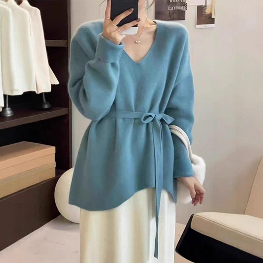French Style Sweater Women's Mid-length Lazy Design Lace-up