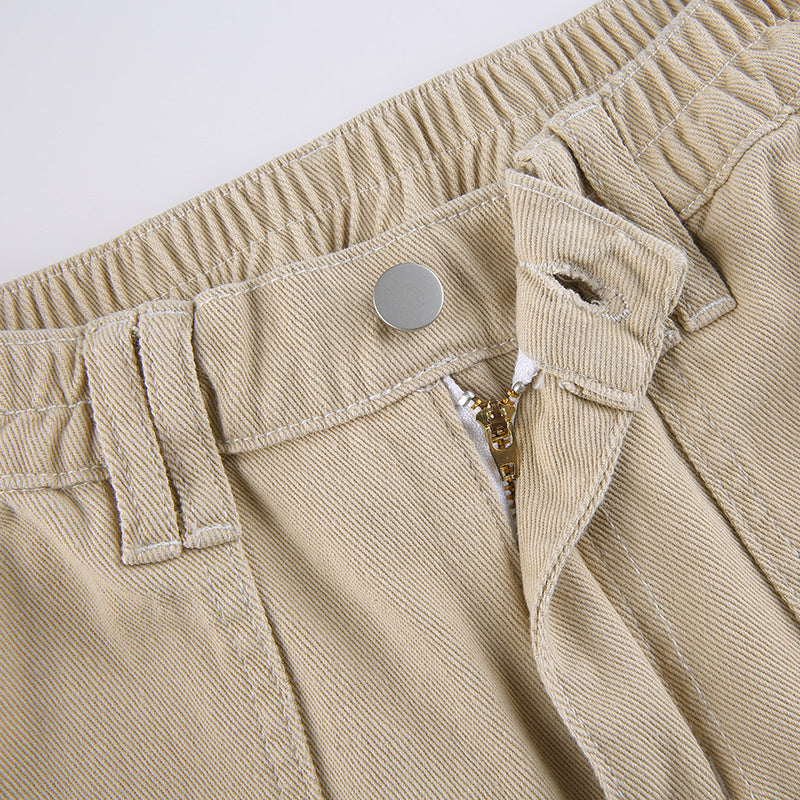 Mode Multi-lomme Syede Jeans Ensfarvet