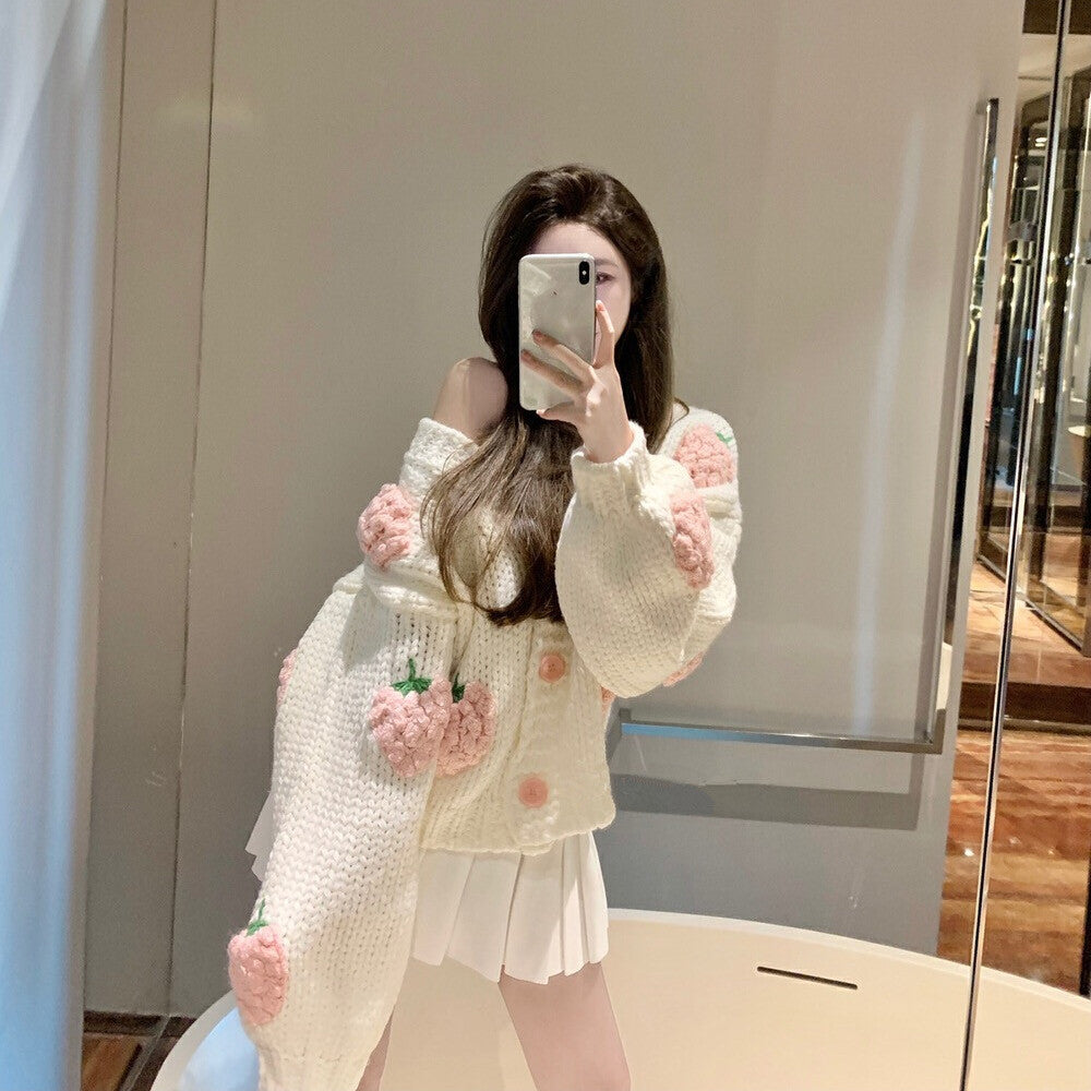 New Handmade Strawberry Lantern Sleeve Warm Sweater