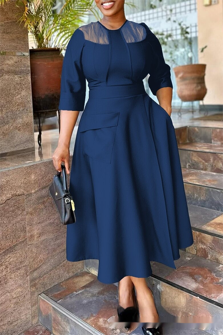 Womens Waist-Cinching Full-Skirted Solid-Color Dress